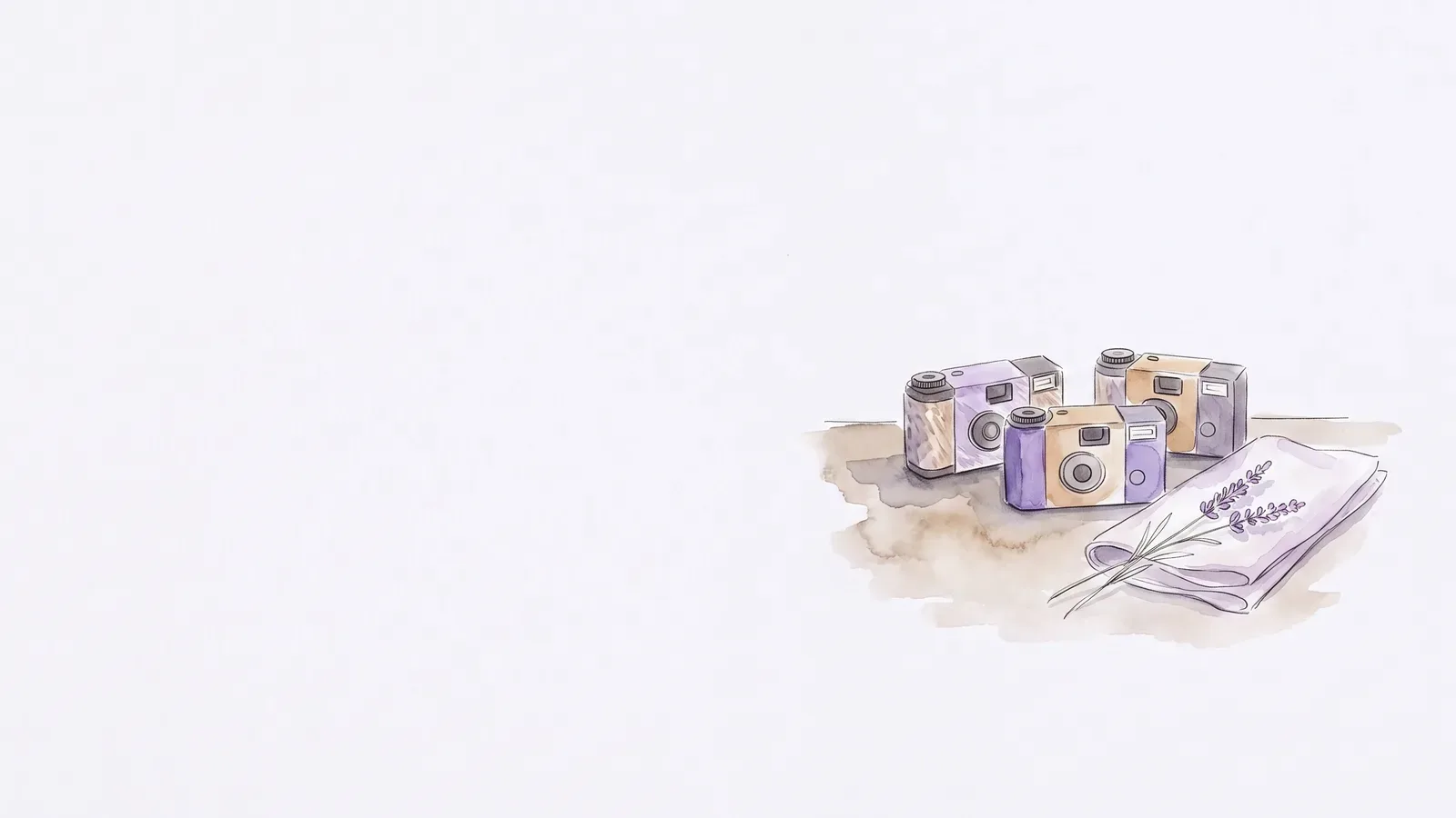 Watercolor of three single-use film cameras on a wedding table beside a folded napkin and a sprig of lavender.