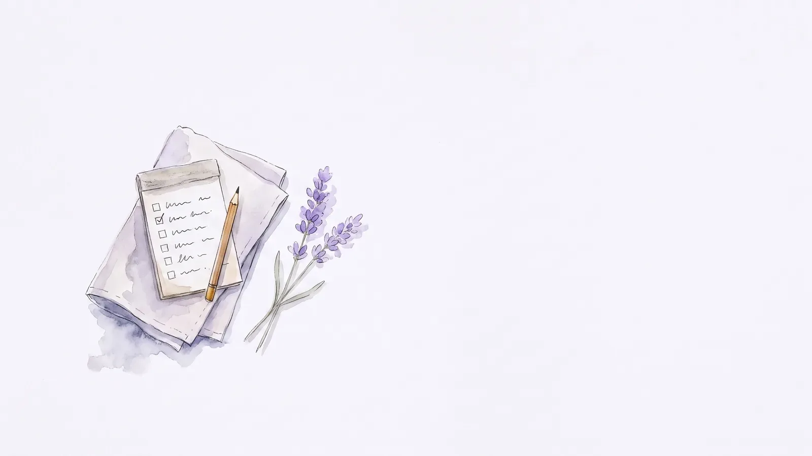 Watercolor of a small notepad with a checklist and a pencil on a linen napkin, beside a sprig of lavender.