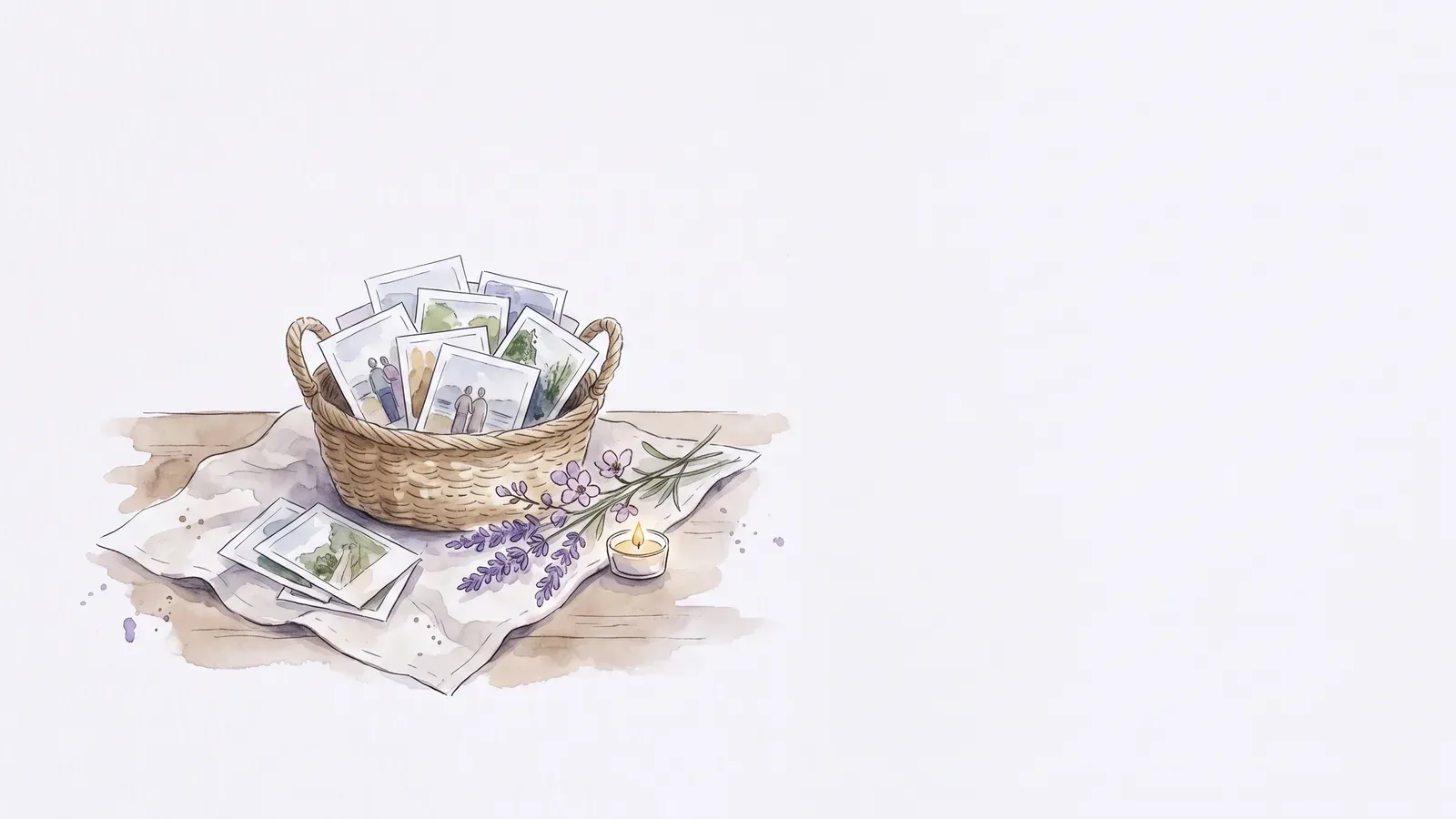 Watercolor of a woven basket filled with printed photos, a few spilling onto a linen cloth beside a sprig of lavender and a small candle.